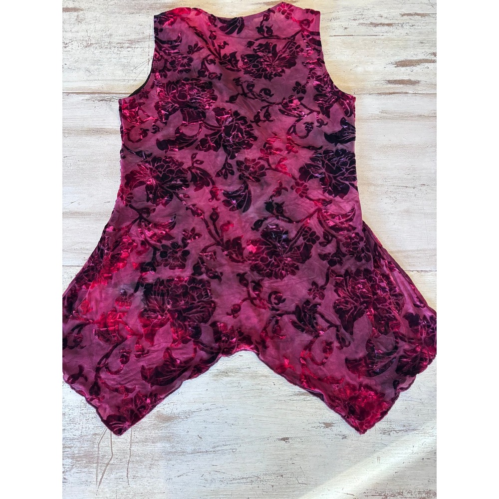 Y2K Reitmans top women M burgundy velvet burnout floral sharkbite hem v-neck - Picture 2 of 9